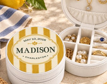 Custom Yellow Stripe Travel Jewelry Case, Cute Hand Drawn Bistro Stripes Jewel Box, Personalized Name Trinket Box,  Preppy Bridesmaid gift
