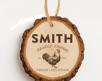 Small Wood Slice Ornament, Personalized Chicken Farmer Gift, Laser Engraved 2 inch Wooden ornament, Mini Rustic Gift Tag, Rooster Farm Decor