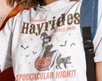 Haunted Hayride shirt, Halloween Witch tee, Spooky Season shirt, Jack o lantern tee, Black cat shirt, Witchy Pinup design, Pumpkin Patch tee