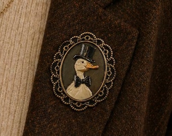 Custom Photo Brooch Pin, Personalized Portrait Cameo Jewelry, UV Printed Keepsake Gift, Pet, Family, Wedding, Memorial Pin, Duck in Top Hat