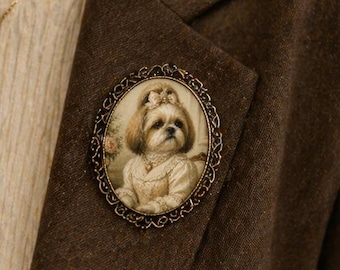 Custom Pet Photo Brooch Pin, Personalized Portrait Cameo Jewelry, Cute Keepsake Gift, Family, Wedding, Memorial Pin, Dog in Vintage Costume