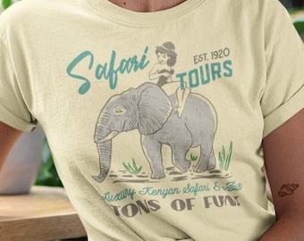 Safari Tours retro t shirt, Classic elephant tee, Vintage pin up girl in pith hat, Classic Rockabilly shirt, Unique gift for her