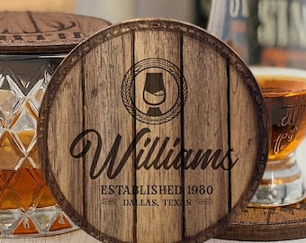 Personalized Bourbon Coaster, Small Whiskey Barrel head cover, Bourbon Lovers Gift, Rustic Barware Coaster, Christmas Gift for Father in law