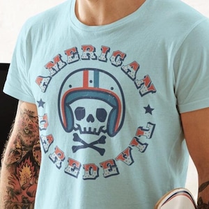 American Daredevil retro t shirt // Motorcycle Enthusiast tee // Vintage stuntman tee // Classic Garage Gearhead //  Gift for boyfriend