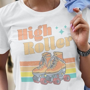 High Roller tee, Roller Skating retro t shirt, Vintage roller derby shirt, Funky roller skates tee, Roller rink apparel, Retro Sporty tee