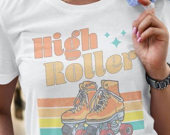 High Roller tee, Roller Skating retro t shirt, Vintage roller derby shirt, Funky roller skates tee, Roller rink apparel, Retro Sporty tee