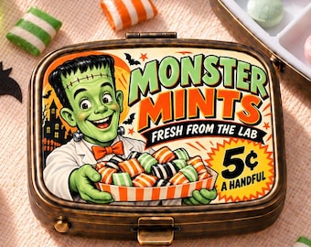 Monster Mint Box, Retro Halloween Candy Label Case, Cute Frankenstein Meds Case, Vintage Travel Pill Organizer, Gift for Spooky Movie Lovers