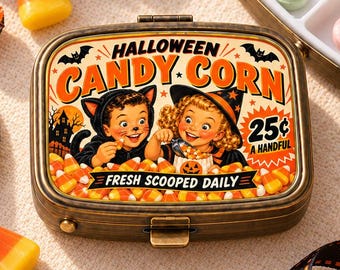 Halloween Candy Corn Pill Box, Retro Candy Label Case, Cute Spooky Medication Holder, Vintage Travel Pill Organizer, Gift for Horror Lovers
