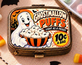 Cute Ghost Pill Box, Retro Halloween Candy Label Case, Spooky Season Vitamin Holder, Vintage Travel Pill Organizer, Gift for Ghost Hunters