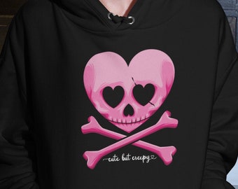 Cute But Creepy hoodie , Halloween Skeleton Hooded Sweatshirt , Spooky Skull & Crossbones top ,  Pink Heart Eyes, Creepy Gift for girlfriend