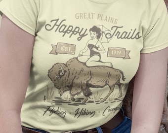 Retro pin up girl on a bison t shirt // Happy Trails tee // Vintage sexy girl on buffalo tee // Rockabilly shirt // Unique Gift for him