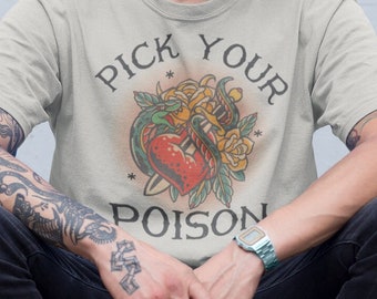 Pick Your Poison tattoo t shirt, American traditional tattoo tee, Vintage Sacred Heart shirt, Unique Gift for him, Tattoo Lovers Gift