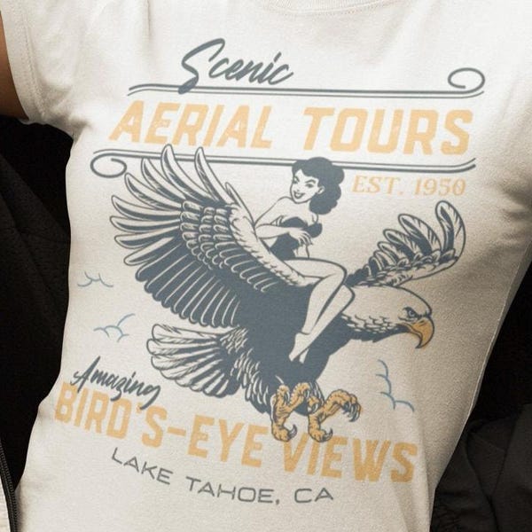 Camiseta con chica pin-up y águila, camiseta rockabilly americana, camiseta con temática de aviación, camiseta con vista de pájaro, diseño de vuelo americano, regalo para piloto
