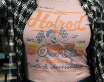Hot Rod retro shirt, Car Enthusiast tee, Vintage Rockabilly pin up girl tee, Classic Car Garage logo, Gift for Gear head, Grease Monkey gift