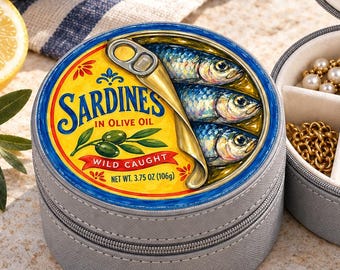 Sardine Tin Travel Jewelry Case, Cute Tinned Fish Jewel Box, Custom Seafood Trinket Box, Foodie Lovers Gift, Coastal Mediterranean gift