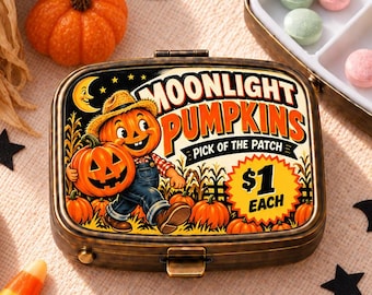 Pumpkin Scarecrow Pill Box, Retro Halloween Candy Label Case, Cute Jack-o-lantern Case, Vintage Travel Pill Organizer, Gift for Spooky Lover