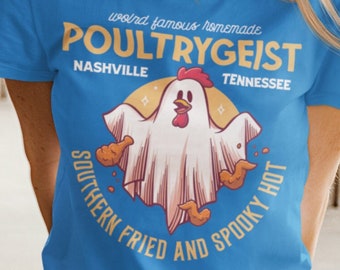 Poultrygeist t shirt , Funny Halloween tee , Hilarious Chicken Costume , Haunted Poultry apparel , Chicken Nugget top , Quirky gift for her