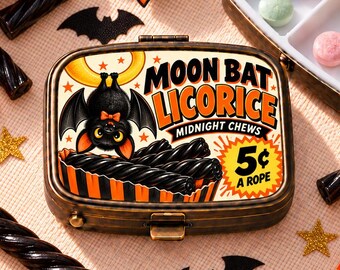 Moon Bat Pill Box, Retro Halloween Candy Label Case, Cute Spooky Medication Holder, Vintage Travel Pill Organizer, Gift for Licorice Lovers