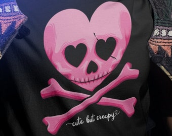 Cute But Creepy shirt , Halloween Skeleton tee , Spooky Skull & Crossbones top ,  Pink Heart Eyes t shirt , Creepy Gift for girlfriend