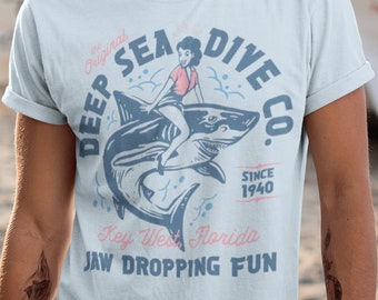 Sexy pin up girl on shark t shirt // Deep Sea Dive tours tee // Retro girl on vintage tee // Rockabilly shirt // Unique Gift for her