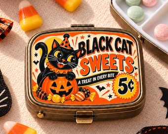 Halloween Sweets Pill Box, Retro Candy Label Case, Cute Spooky Medication Holder, Vintage Travel Pill Organizer, Gift for Black Cat Lovers