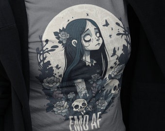 Emo AF t shirt , Halloween Angsty Goth top , Brooding Grunge tee , Moody Punk top, Melancholic Gift for girlfriend, Emotional distress tee