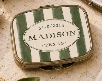 Personalized Hand Drawn Stripes Case, Bistro Pill Box, Custom Travel Pill Case, Green Striped Vitamin Holder, Your Name on a Pill Organizer