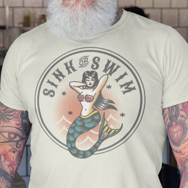Mermaid pinup tattoo t shirt, Sink or Swim tee, American traditional tattoo tee, Vintage sailor tattoo shirt, Unique Gift for him