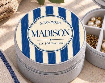 Personalized Bistro Stripe Travel Jewelry Case, Cute Hand Drawn Blue Stripes Jewel Box, Custom Name Trinket Box,  Coastal Bridesmaid gift