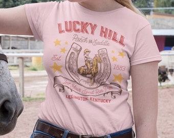 Saddle and Ranch t shirt // Horse Enthusiast tee // Vintage pin up cowgirl tee // Rockabilly shirt // Equestrian farm logo //  Gift for her