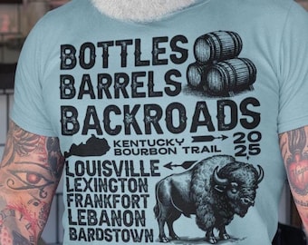 Camiseta "Botellas, barriles y caminos secundarios", camiseta "Kentucky Bourbon Trail", regalo para los amantes del whisky bourbon y centeno, ropa para bebedores de estilo antiguo