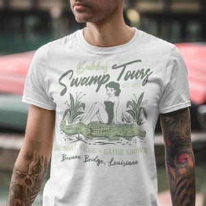 Retro pin up girl t shirt // Louisiana Swamp tours tee // Vintage sexy girl on alligator tee // Rockabilly shirt // Unique Gift for him