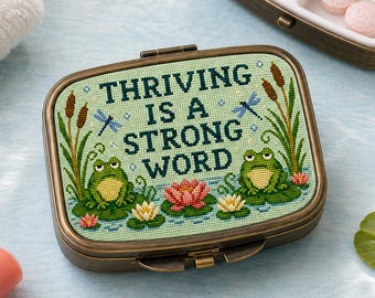 Needlepoint Inspired Snarky Anxiety Pill Case, Thriving is a Strong Word, Mental Health Awareness Gift, Frog Lover Gift, Stocking Stuffer