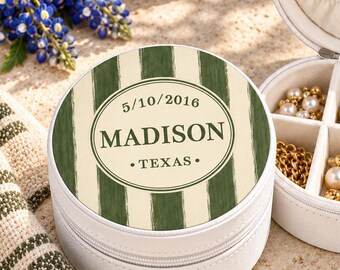 Personalized Bistro Stripe Travel Jewelry Case, Cute Hand Drawn Stripes Jewel Box, Custom Name Trinket Box,  Coastal Case, Bridesmaid gift