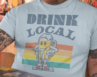 Drink Local Retro t shirt, Beer Crawl tee, Hometown Bar shirt, Local Watering Hole tee, Classic 70's clothing, Gift for boyfriend