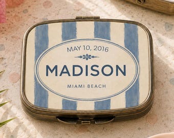 Personalized Bistro Pill Box, Hand Drawn Stripes Case, Custom Classic Blue Stripe Case, French Bistro Vitamin Holder, Coastal Name Pill Case