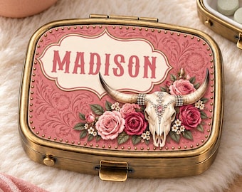 Cow Skull and Roses Pill Box, Custom Pink Pill Case, Nashville Bridesmaid Gift, Pink Cowgirl Medication Holder, Cowboy Rodeo Lover Gift