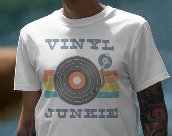 Vinyl Junkie t shirt, Retro Turntable tee, Audiophile gift, Vintage Record Player design, Classic rock albums, forty fives tee