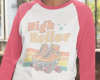 Roller Skating retro raglan, High Roller shirt, Old School raglan, Vintage roller derby 3/4 sleeve, Classic 1970's logo, Gift for skater