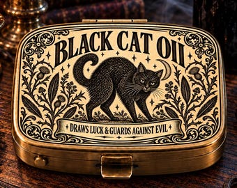 May include: A rectangular brass-toned metal tin featuring an engraved illustration of a black cat with an arched back. The text reads BLACK CAT OIL and DRAWS LUCK & GUARDS AGAINST EVIL. The lid is decorated with intricate floral and crescent moon motifs.