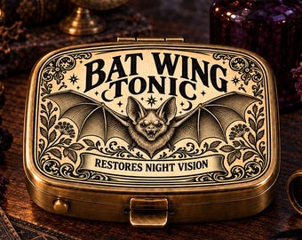 Gothic Bat Travel Pill Organizer, Apothecary Label Pill Box, Halloween Pill Case, Vintage Potion Bottle Medication Holder, Spooky Witch Gift