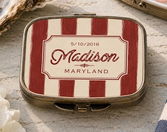 Personalized Bistro Pill Box, Hand Drawn Stripes Case, Custom Classic Red Stripe Case, French Bistro Vitamin Holder, Coastal Name Pill Case