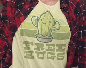 Free Hugs t shirt , Retro Cactus tee , Desert Landscape tee , Vintage succulent shirt , Funny Gift for him , Cactus Flower Shirt