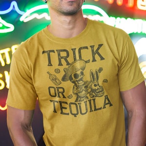 Trick or Tequila t shirt , Funny Halloween party tee , Day of the Dead tee , Vintage Dia de los Muertos shirt , Spooky Skeleton shirt