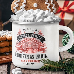 Winter cabin coffee mug, Personalized Christmas enamel cup, Stocking stuffer gift, Custom Holiday campfire mugs, Outdoor Camping cup