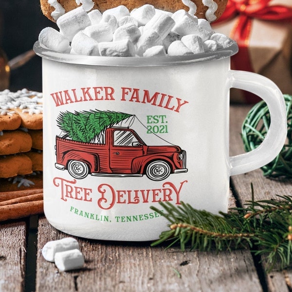 Family Christmas Tree Delivery mug, Personalized Red Truck enamel cup, Christmas Gift for Hot Cocoa Lover, Matching Holiday campfire mugs