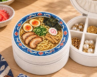 May include: A round white jewelry case with a ramen bowl design on the lid. The interior features a cream-colored velvet lining with compartments for rings, earrings, and necklaces, currently holding various gold and pearl jewelry pieces.