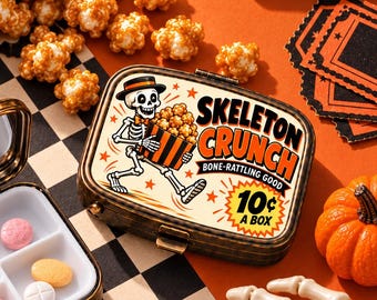 Halloween Skeleton Pill Box, Retro Candy Label Case, Cute Spooky Bones Medication Holder, Vintage Travel Pill Organizer, Scary Lovers Gift