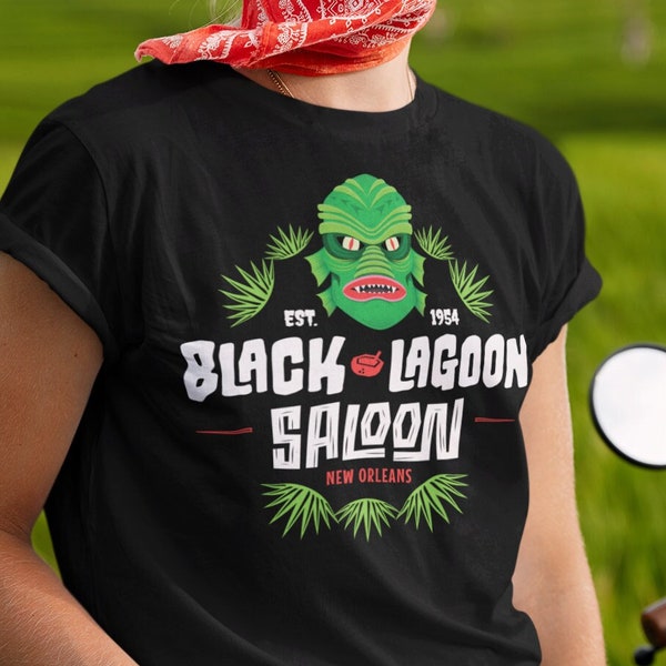 Black Lagoon Saloon t shirt , Halloween Creature tee , Spooky Monster top ,  Haunted Location apparel , Scary costume , Creepy Gift for him