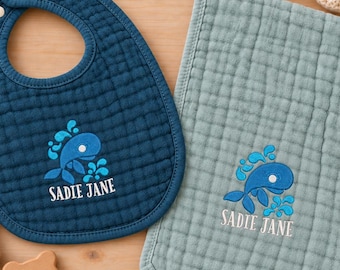 Embroidered Whale Baby Bib and Burp Cloth, Ocean Theme Nursery Gift, Custom Newborn Gift, Personalized Baby Name Keepsake,  New Mom Gift